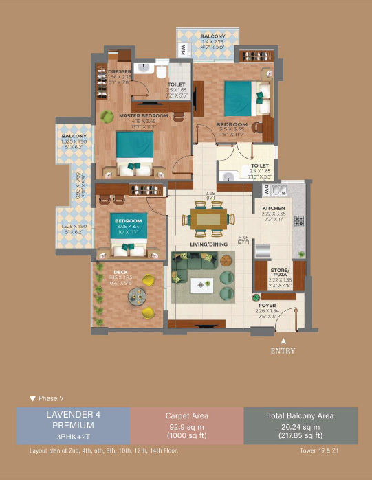 Ashiana Amarah Lavender 4 Floor Plan — 3 BHK + 2T