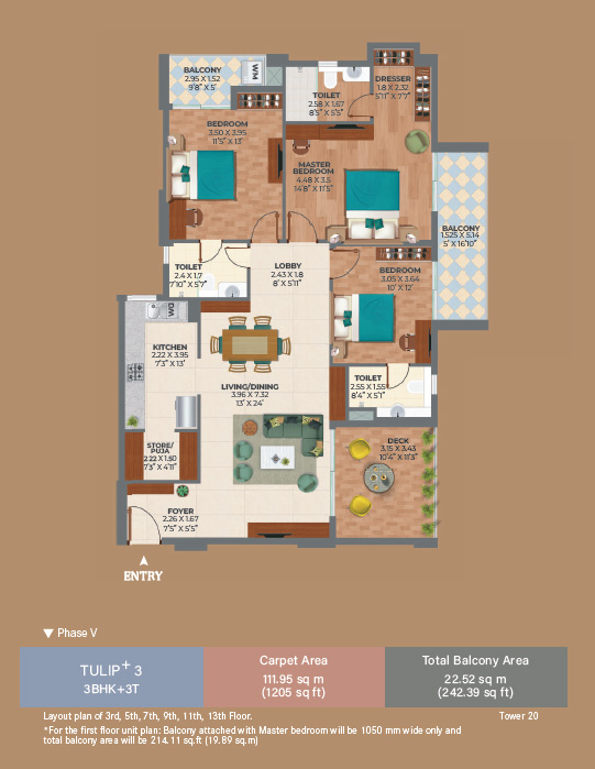 Ashiana Amarah Tulip+ 3 Floor Plan — 3 BHK + 3T