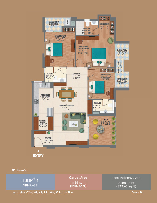 Ashiana Amarah Tulip+ 4 Floor Plan — 3 BHK + 3T