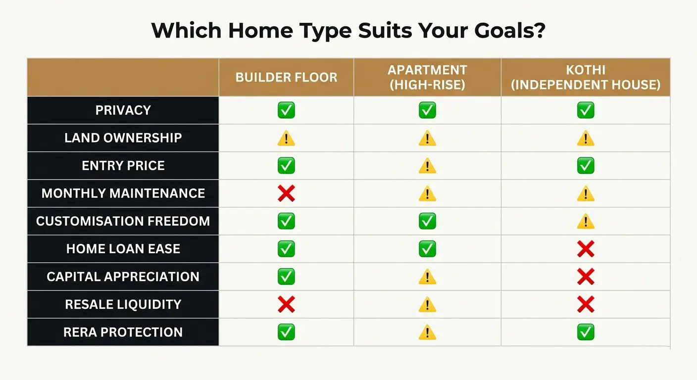 Builder Floor vs Apartment vs Kothi comparison