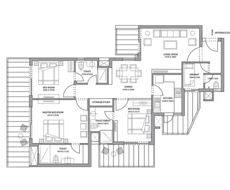 3 BHK + Servant Floor Plan