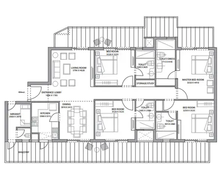 4 BHK + Servant Floor Plan