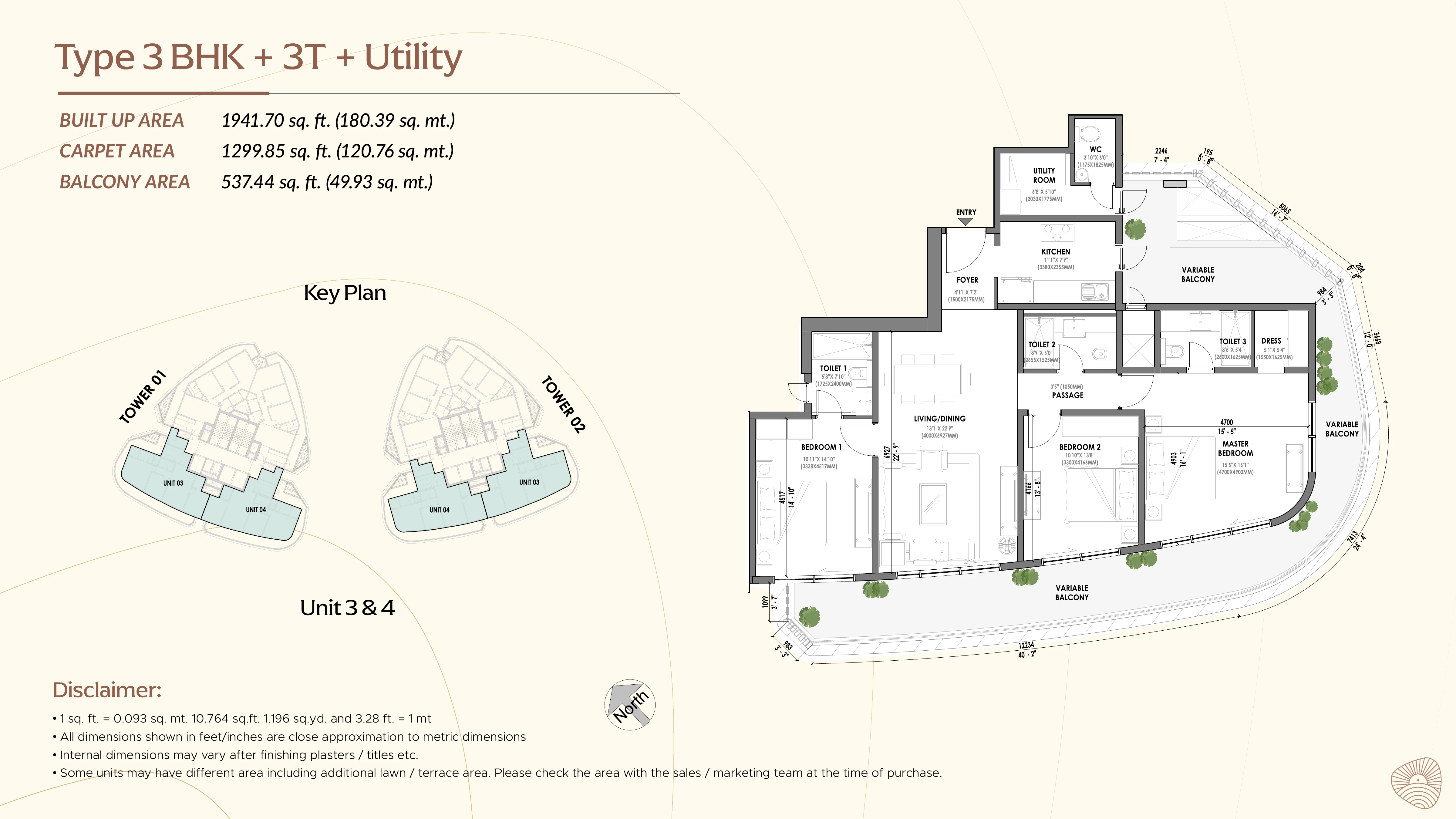 3 BHK + 3T + Utility