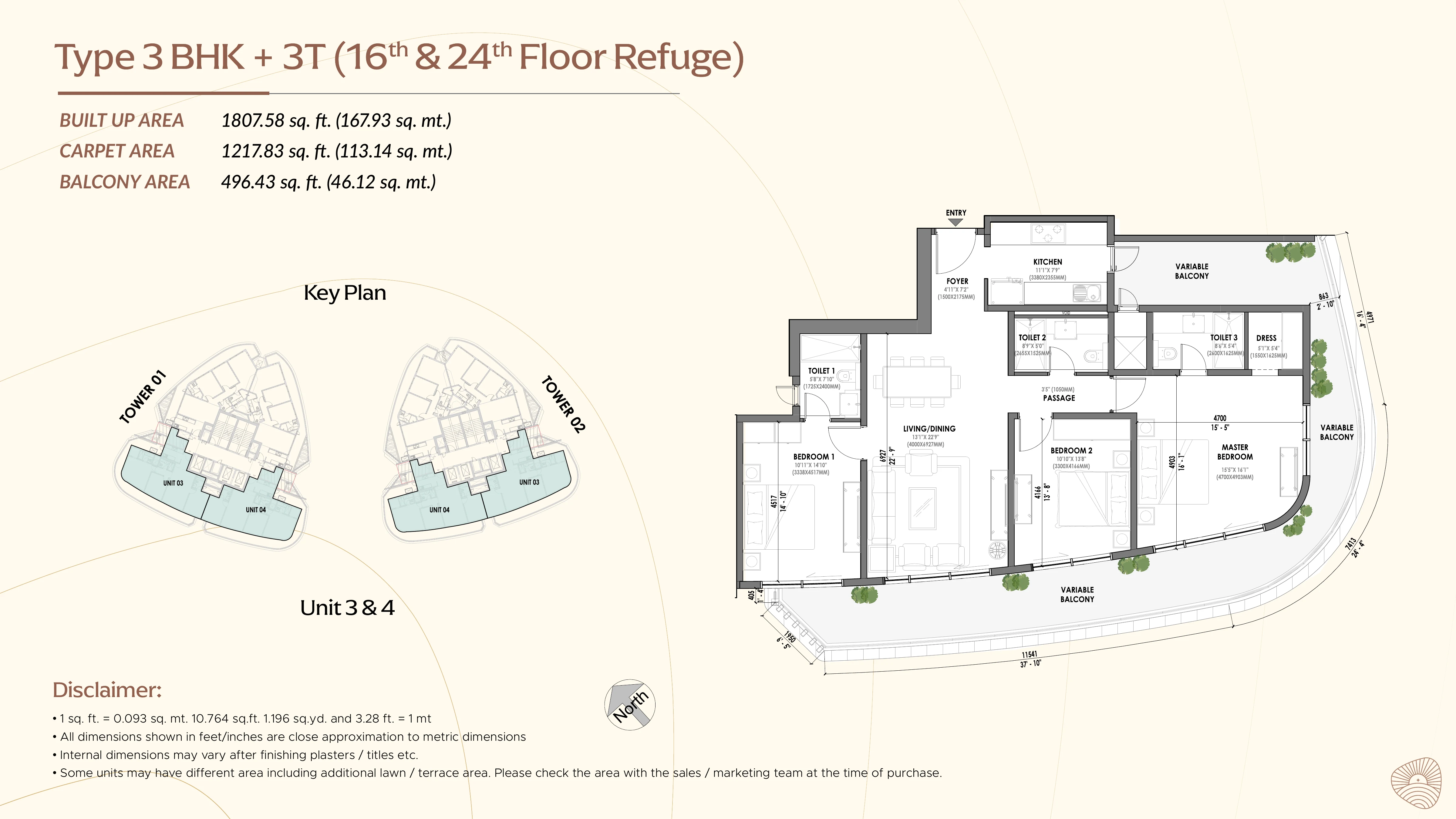 3 BHK + 3T (Refuge Floor)