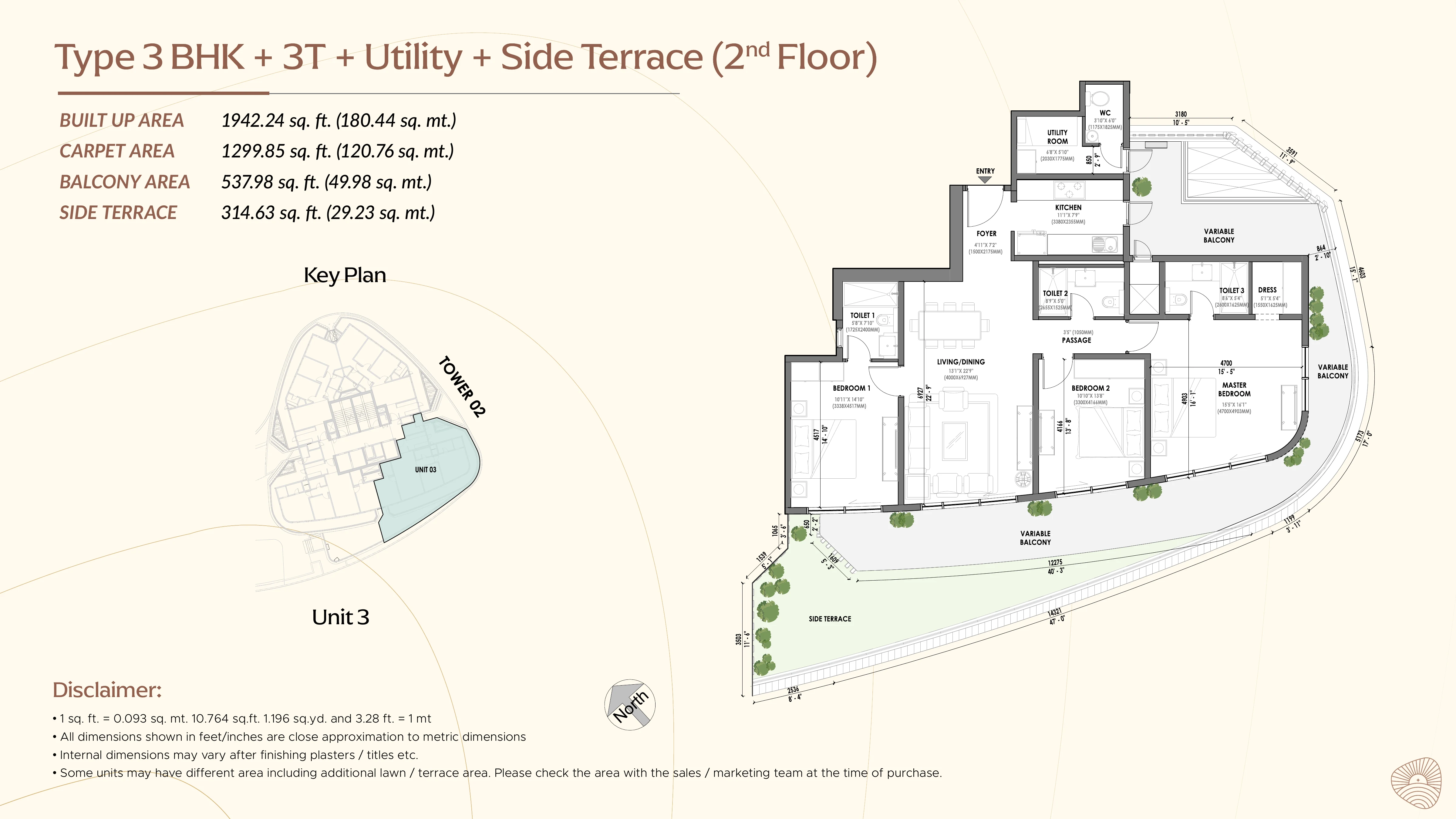 3 BHK + Utility + Side Terrace