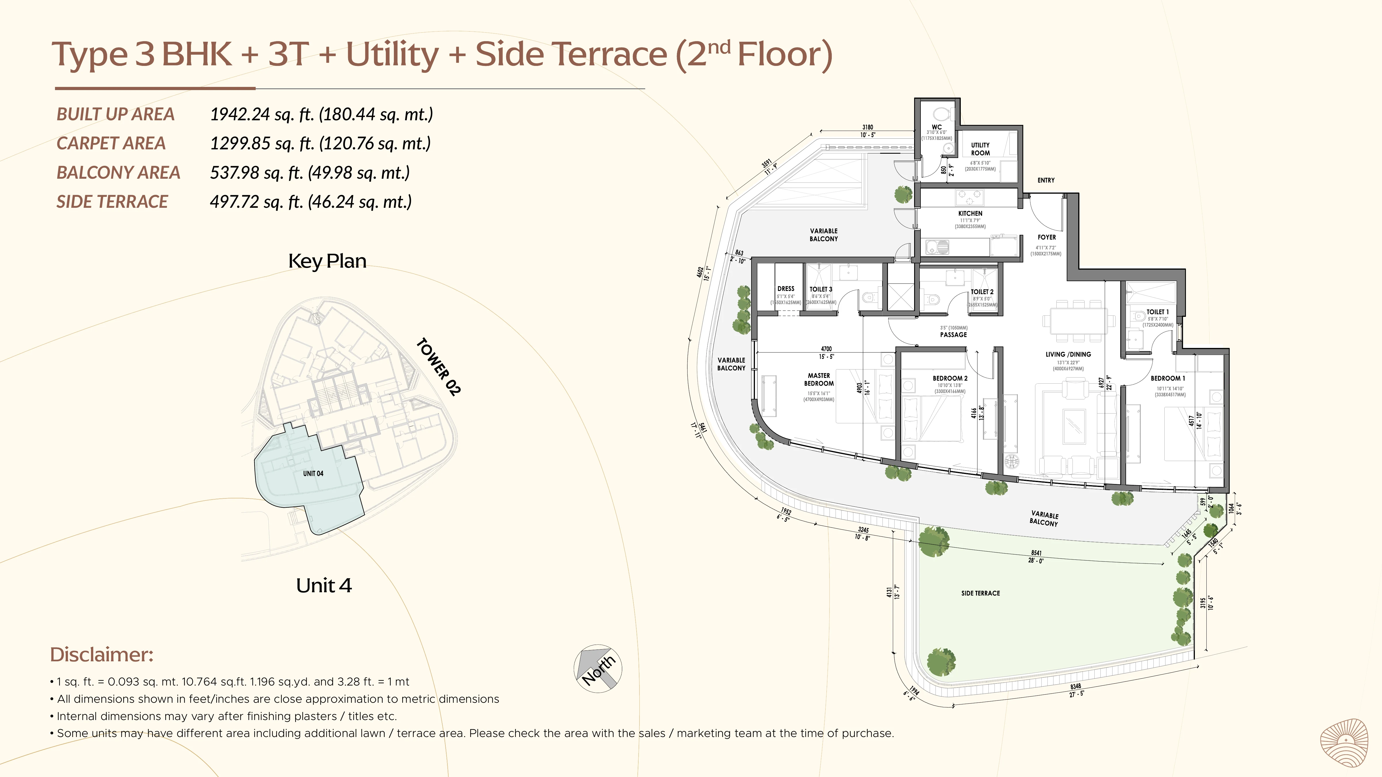 3 BHK + Utility + Side Terrace