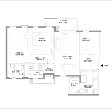 Ireo Corridors 2 BHK + Study Floor Plan Sector 59A Gurgaon